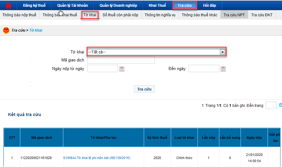 tra cứu tờ khai đã nộp