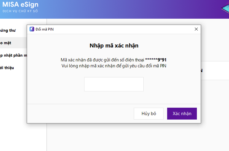 nhập mã xác nhận lấy lại mã pin