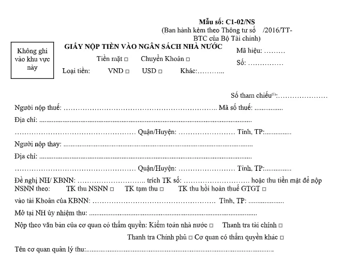 giấy nộp tiền vào ngân sách nhà nước