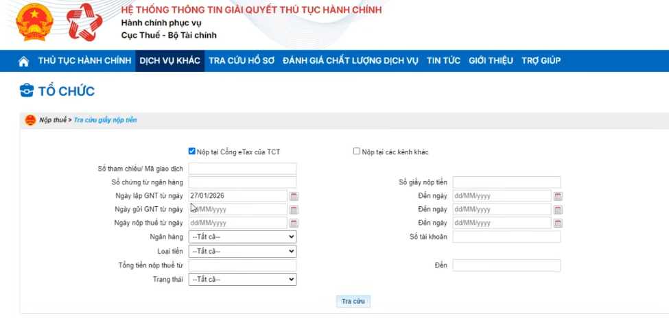 tra cứu giấy nộp tiền trang dịch vụ công