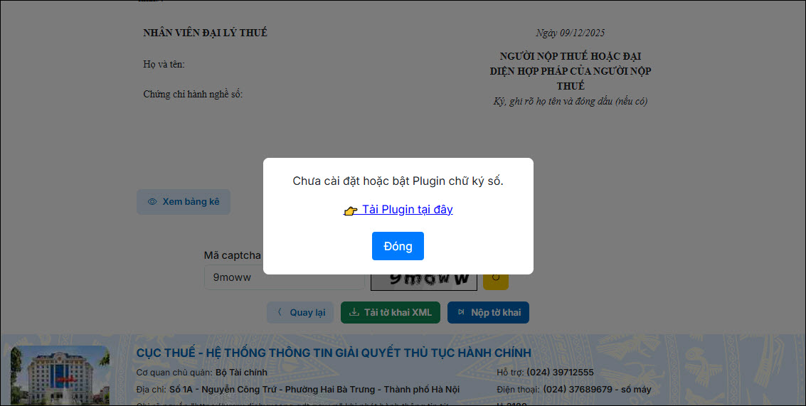 lỗi chưa cài đặt plugin trên trang dịch vụ công