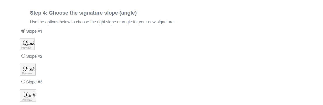 Chọn độ dốc chữ ký trên Mylivesignature.com