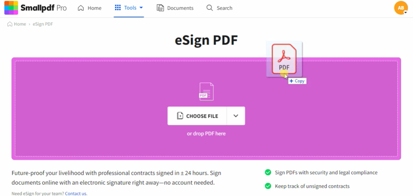 Kéo thả tài liệu muốn ký trên Smallpdf eSign