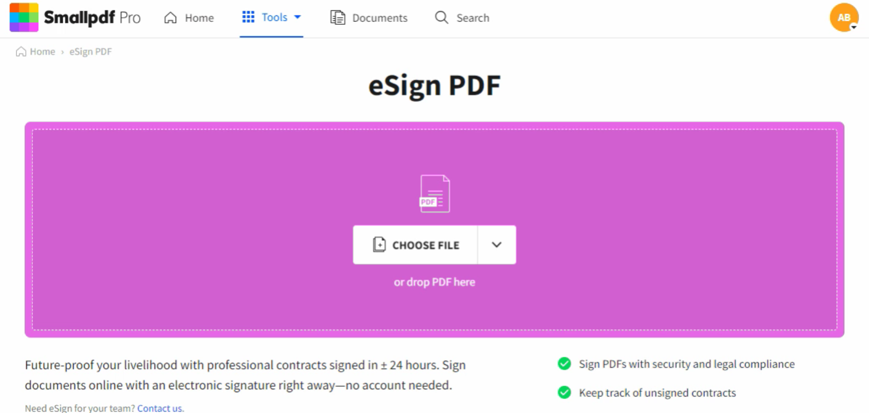 Màn hình trình ký của Smallpdf eSign