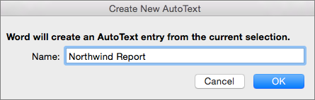 Hộp Tạo AutoText Mới Word macOS