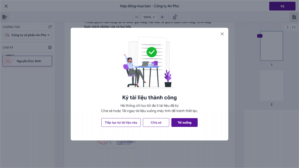 hệ thống báo ký hợp đồng thành công