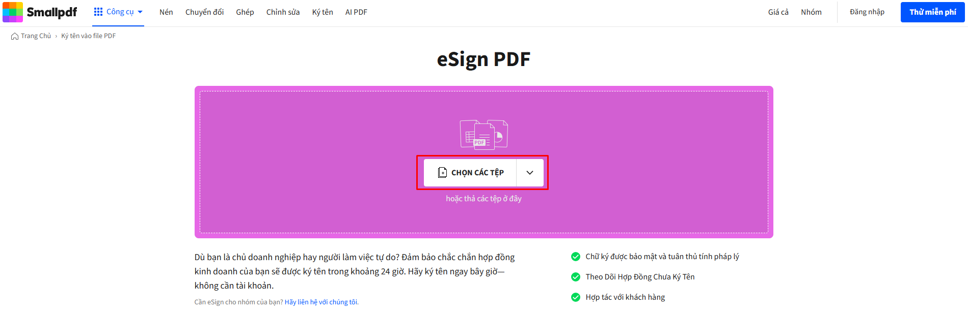 Tải file PDF lên hệ thống smallpdf