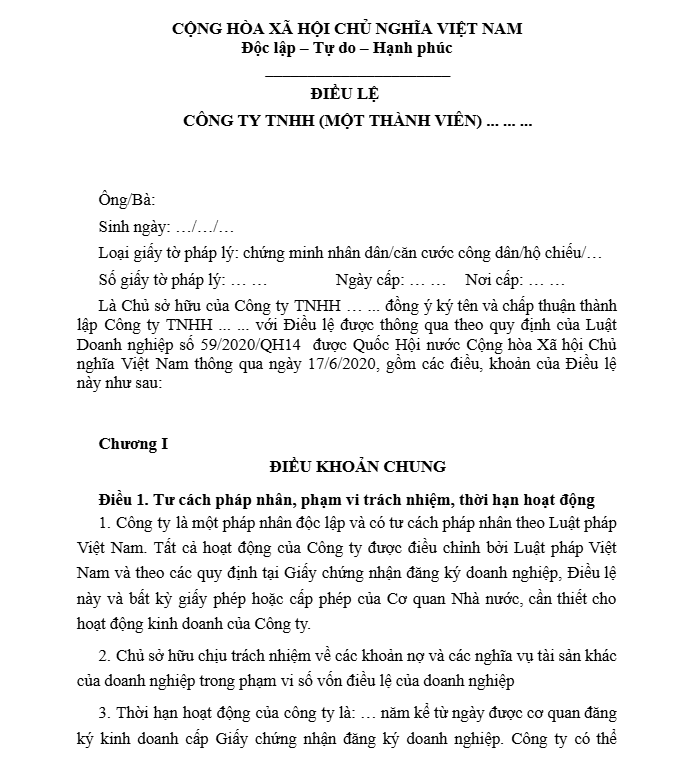 mẫu điều lệ công ty TNHH 1 thành viên cho cá nhân