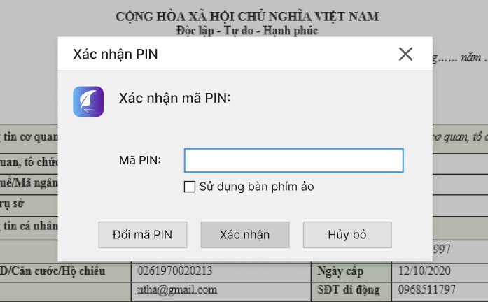 nhập mã pin xác nhận