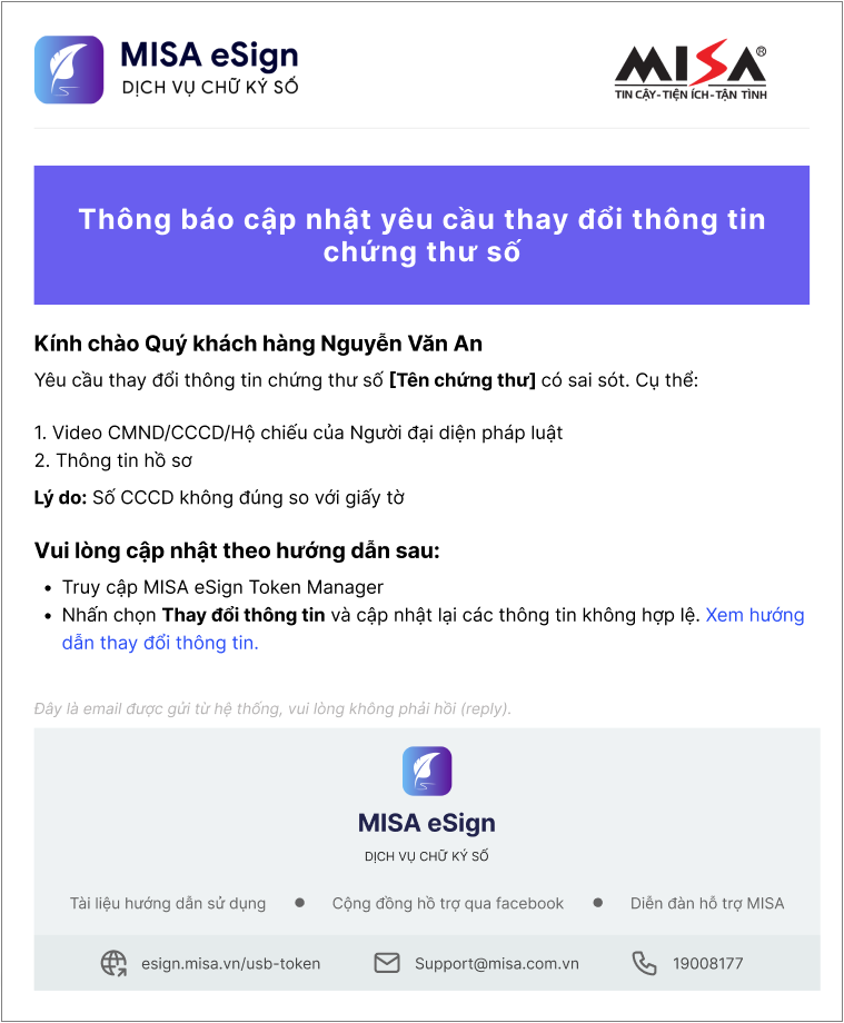 thông báo hồ sơ thay đổi thông tin của anh/chị bị từ chối