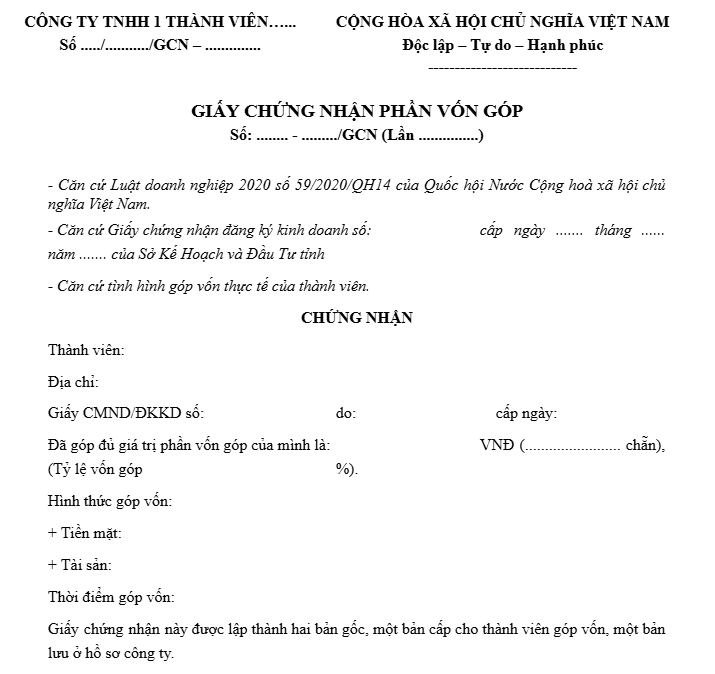 giấy chứng nhận góp vốn công ty TNHH 1 thành viên