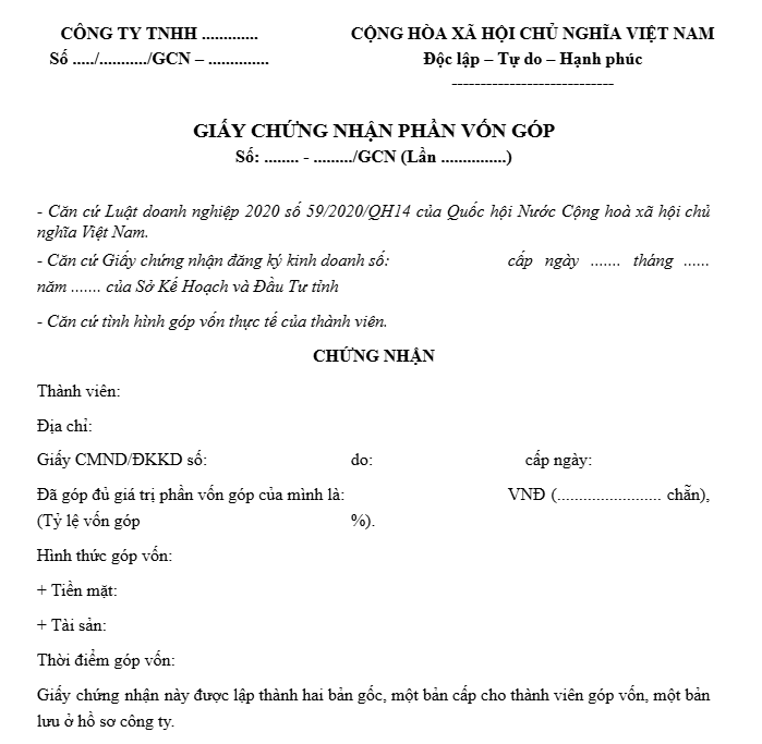 giấy chứng nhận góp vốn công ty TNHH 2 thành viên trở lên