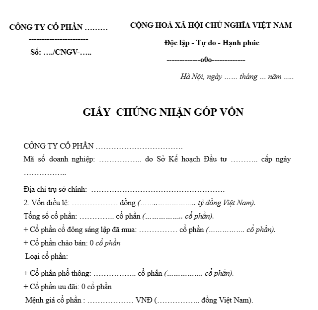 giấy chứng nhận góp vốn công ty cổ phần