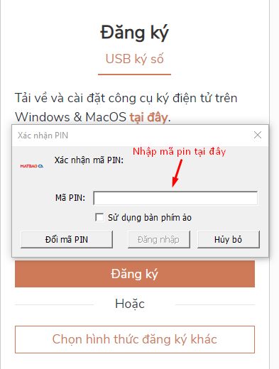 bấm mã pin đăng nhập chữ ký số