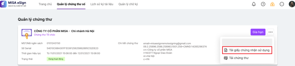 giấy chứng nhận trên ứng dụng misa esign