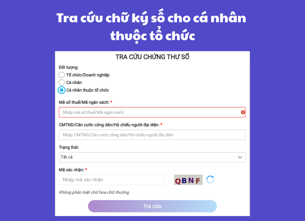 tra cứu chữ ký số cho cá nhân thuộc tổ chức