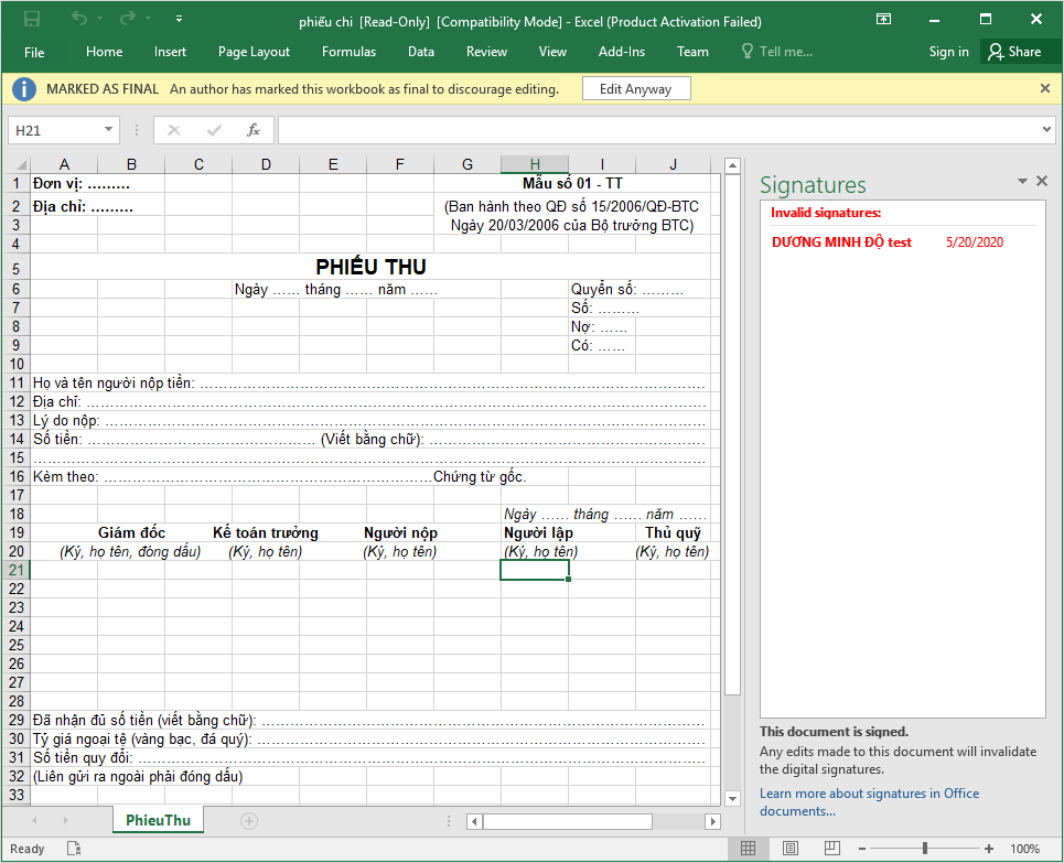 ký số trên excel