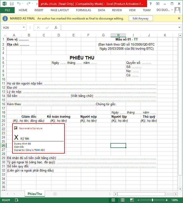 ký số trên excel