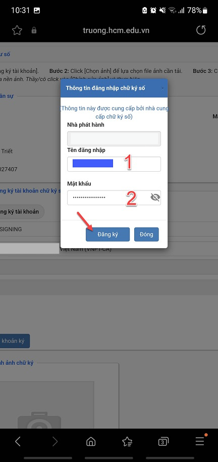 thông tin tài khoản chữ ký số