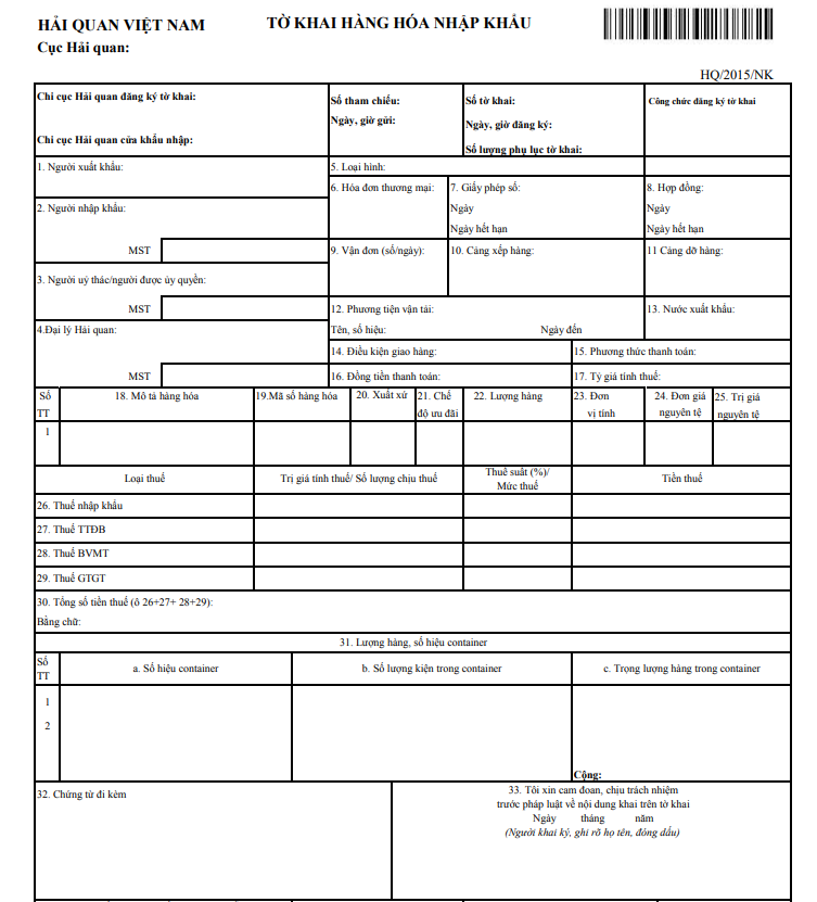 tờ khai hải quan nhập khẩu