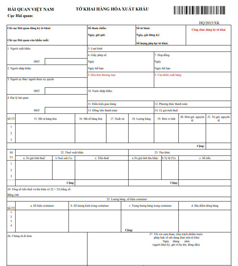 tờ khai hải quan xuất khẩu