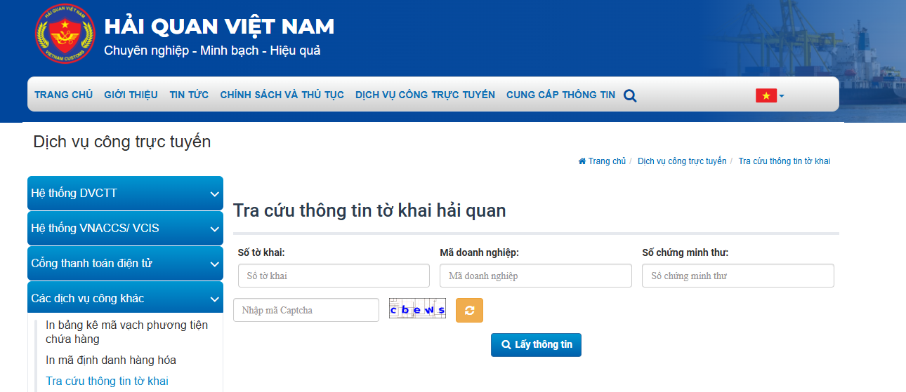 tra cứu tờ khai hải quan điện tử