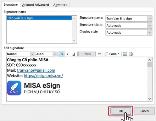 hoàn tất cài đặt chữ ký outlook