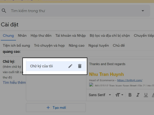 xóa chữ ký trên gmail