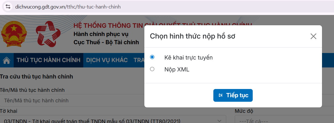 chọn hình thức nộp hồ sơ