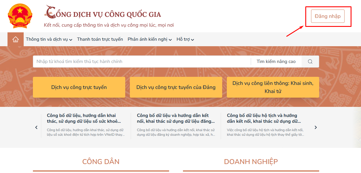 đăng nhập dịch vụ công