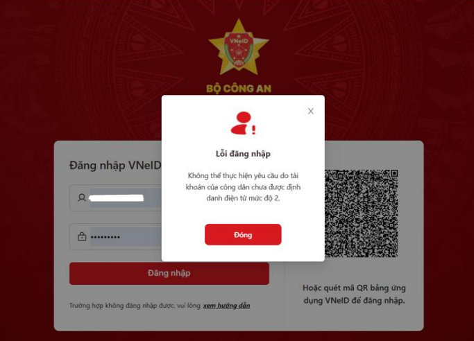 lỗi không đăng nhập được do chưa định danh điện tử