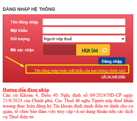 lỗi sai tên đăng nhập hoặc mật khẩu