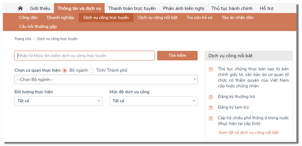 Lựa chọn dịch vụ công trực tuyến