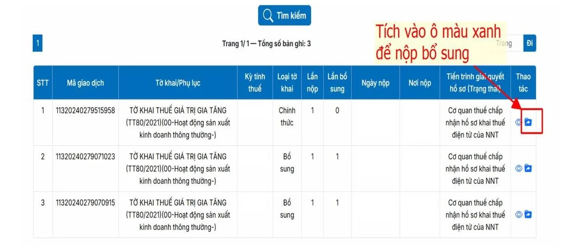lựa chọn tờ khai cần bổ sung trên dịch vụ công