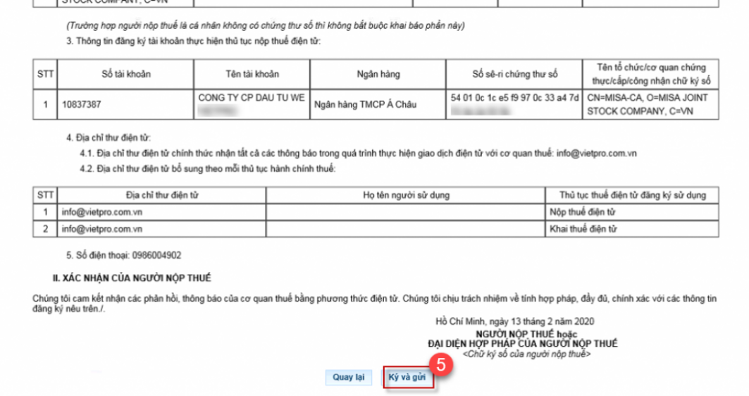 nhấn ký và gửi