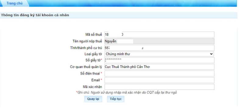 nhập thông tin đăng ký tài khoản thuế cá nhân