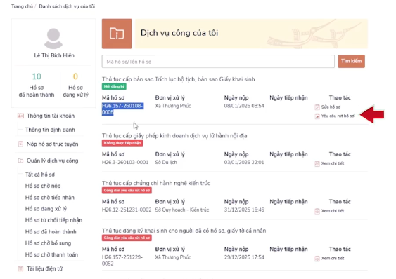 thao tác với hồ sơ đã nộp