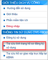 Chọn tra cứu tình trạng hồ sơ đăng ký sử dụng