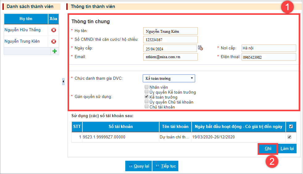 đăng ký thành viên cho kế toán trưởng trên dục vụ công