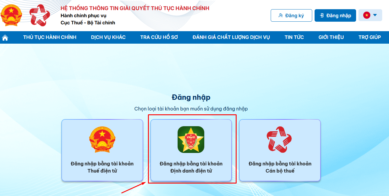 đăng nhập bằng tài khoản định danh điện tử