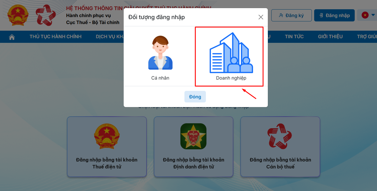 chọn đối tượng đăng nhập