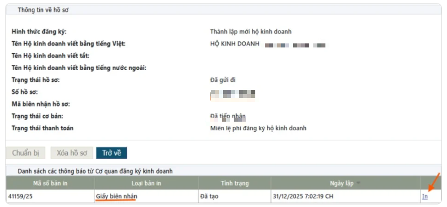 trạng thái nộp hồ sơ