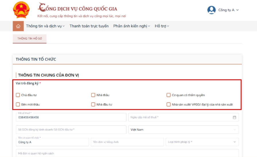 đăng ký thông tin tổ chức