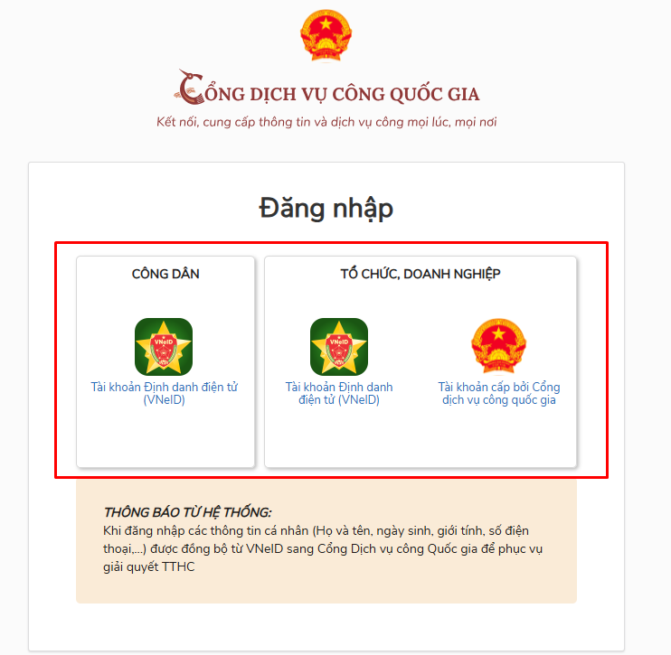 đăng nhập Cổng dịch vụ công quốc gia