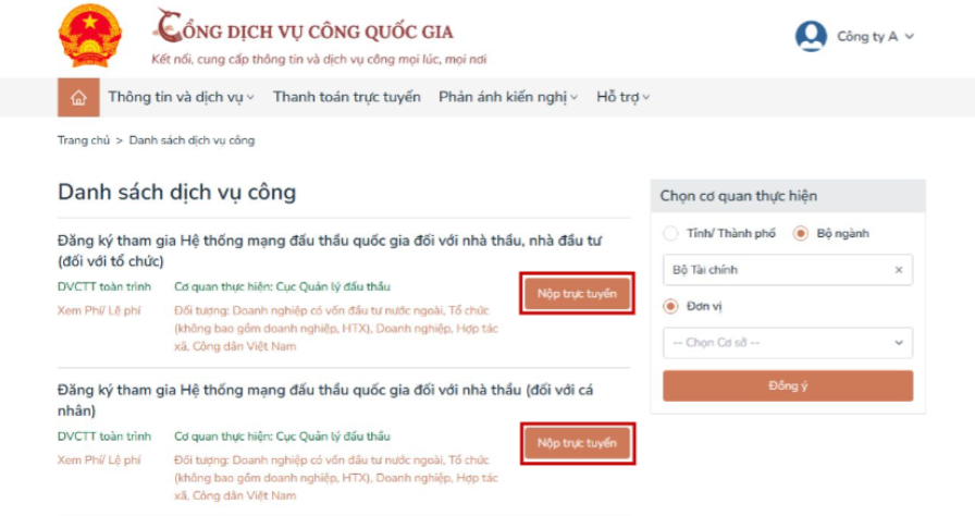 danh sách dịch vụ công